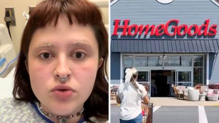 Woman in hospital bed (l) home goods store and logo (r)