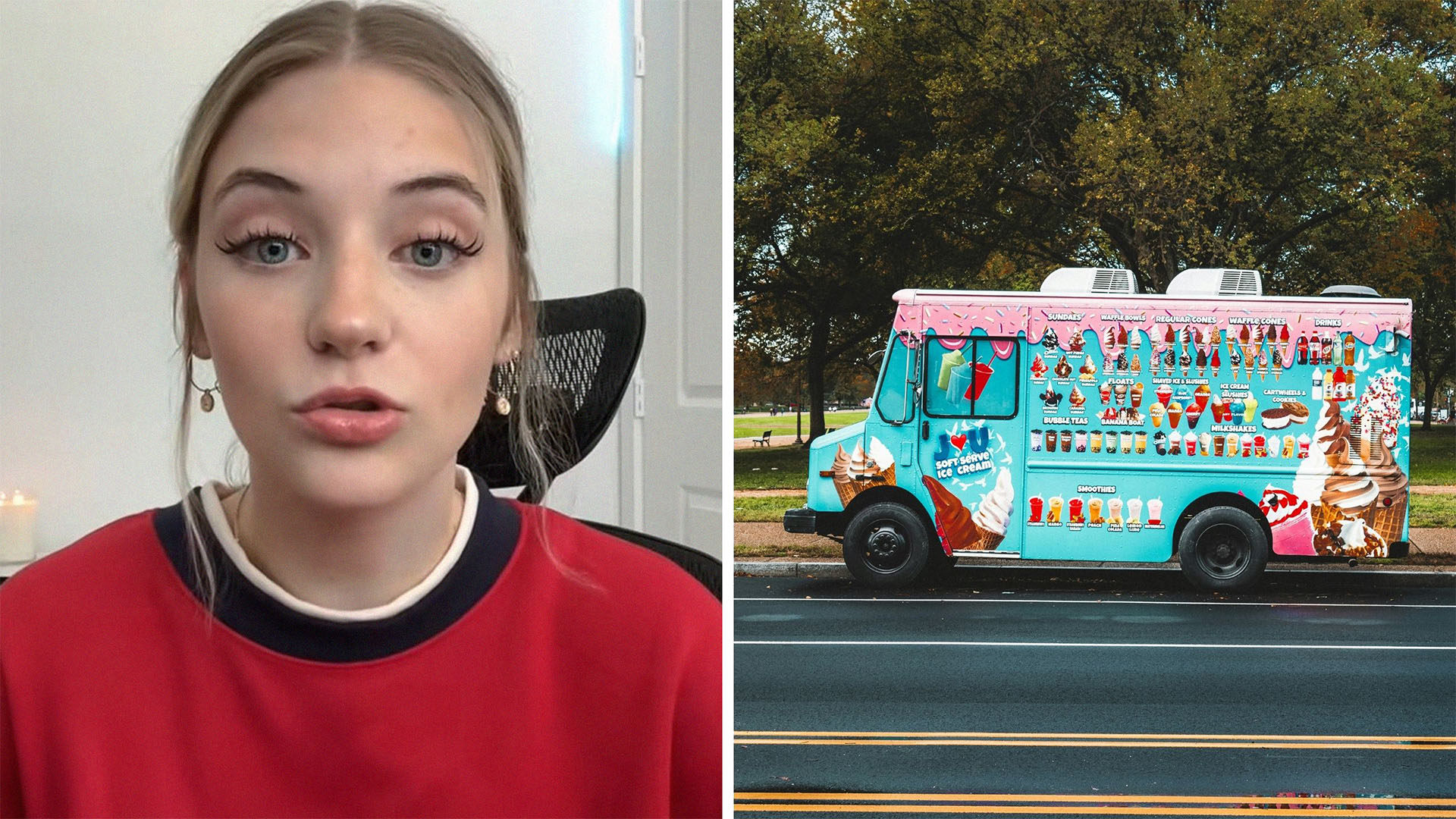woman talking about what happened with the ice cream truck (l) ice cream truck (r)