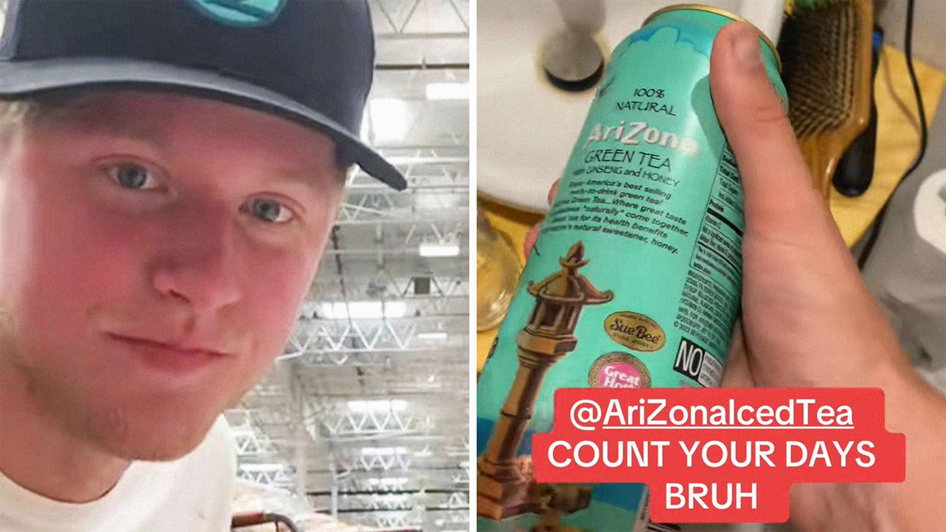 Man show what was inside his Arizona drink(l) Man holding Arizona tea drink can(r)