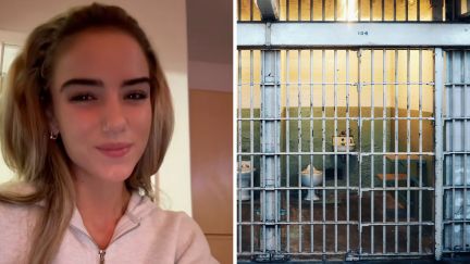woman in hoodie shares relationship experience (l) jail cell (r)