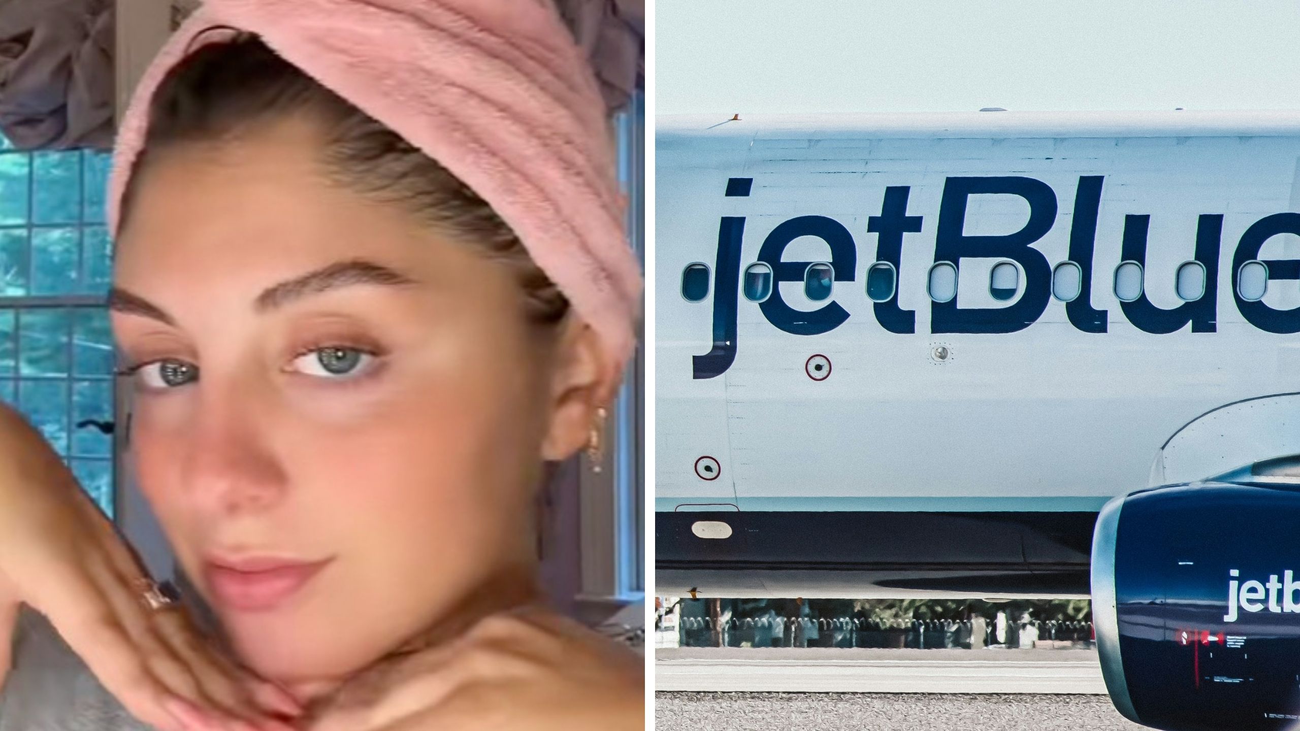Woman shares jet blue experience (l) Jet blue logo on plane (r)