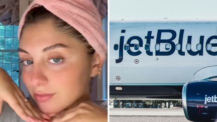 Woman shares jet blue experience (l) Jet blue logo on plane (r)
