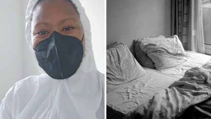 woman in hazmat suit (l) pillows on bed (r)