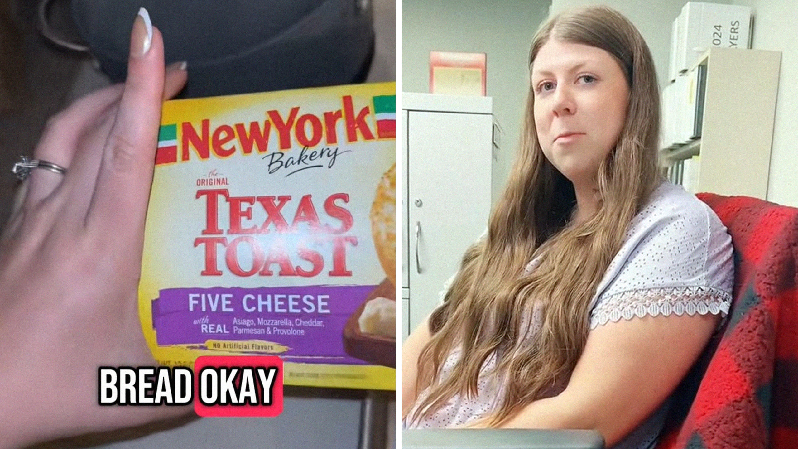 close up view of New York Texas toast packaging(r) Woman sitting on chair while at work(r)