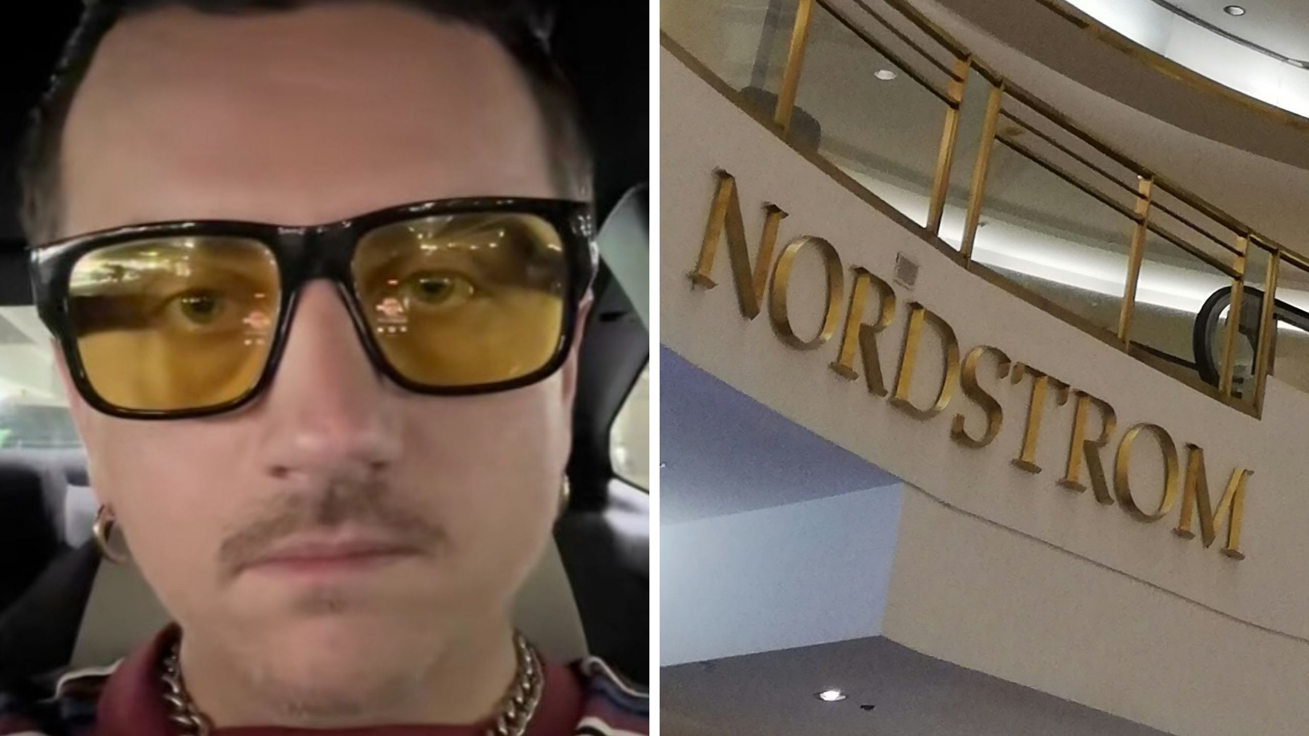 man wearing yellow glasses shares experience of working at nordstrom (l) Nordstrom logo (r)