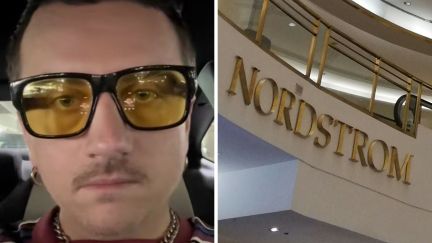 man wearing yellow glasses shares experience of working at nordstrom (l) Nordstrom logo (r)
