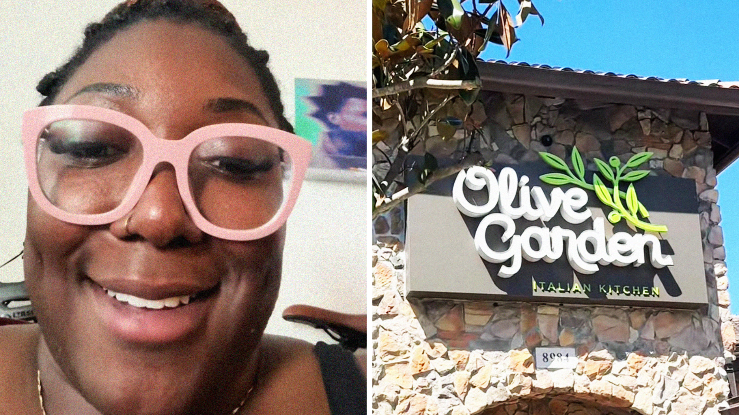 Close up of woman laughing(l) view of Oliver Garden Restaurant building(r)