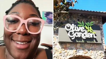 Close up of woman laughing(l) view of Oliver Garden Restaurant building(r)
