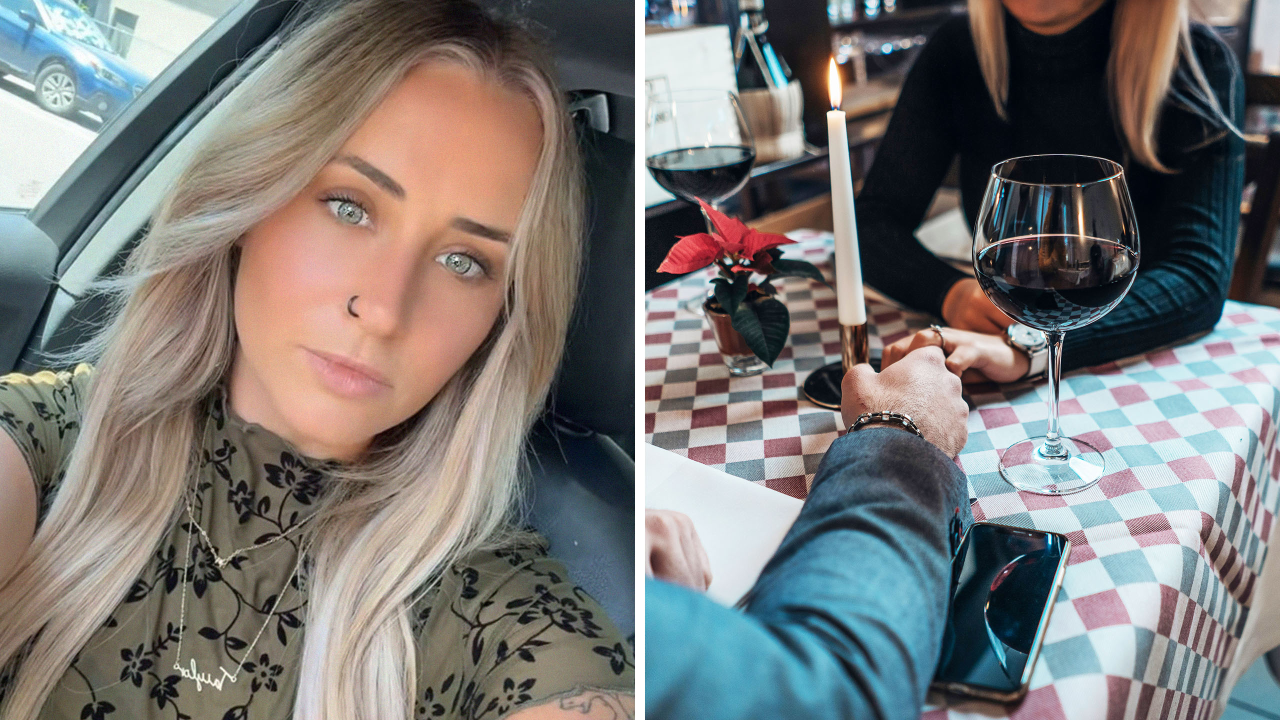 woman explains how her date went with an out of town man(l) Close up of couple at a dinner date(r)