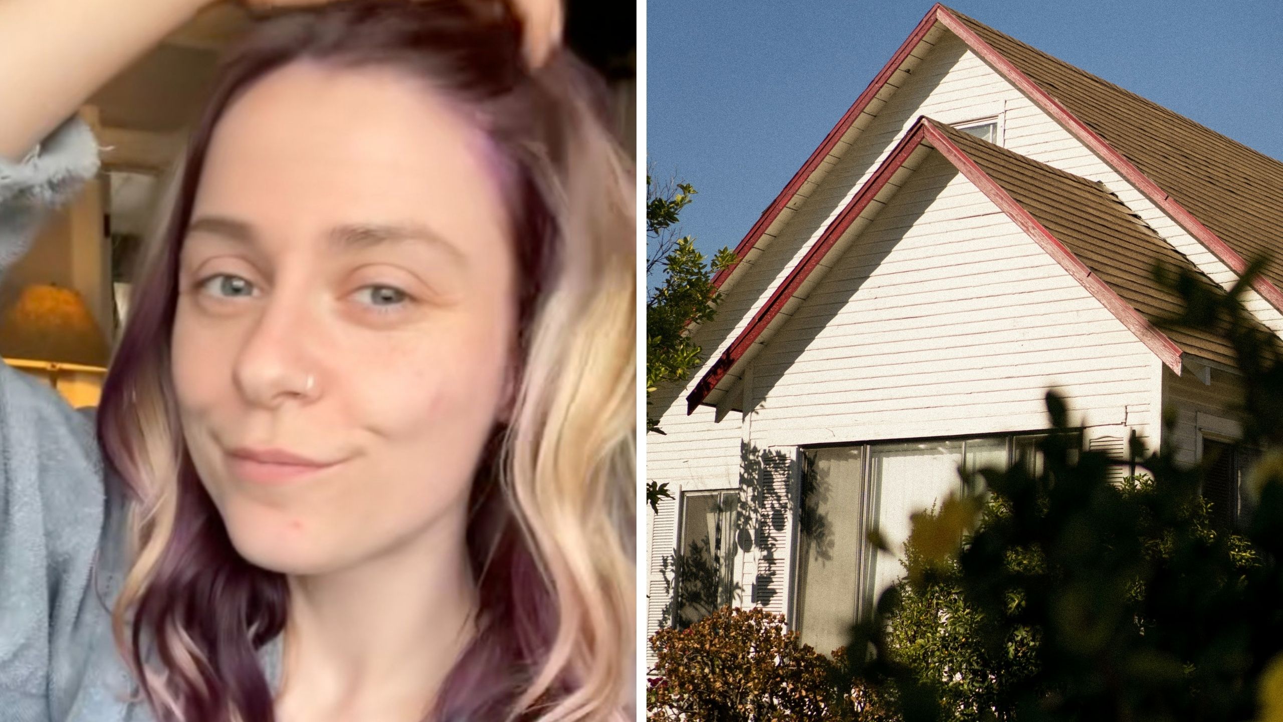 blonde woman (l) outside of a house (r)