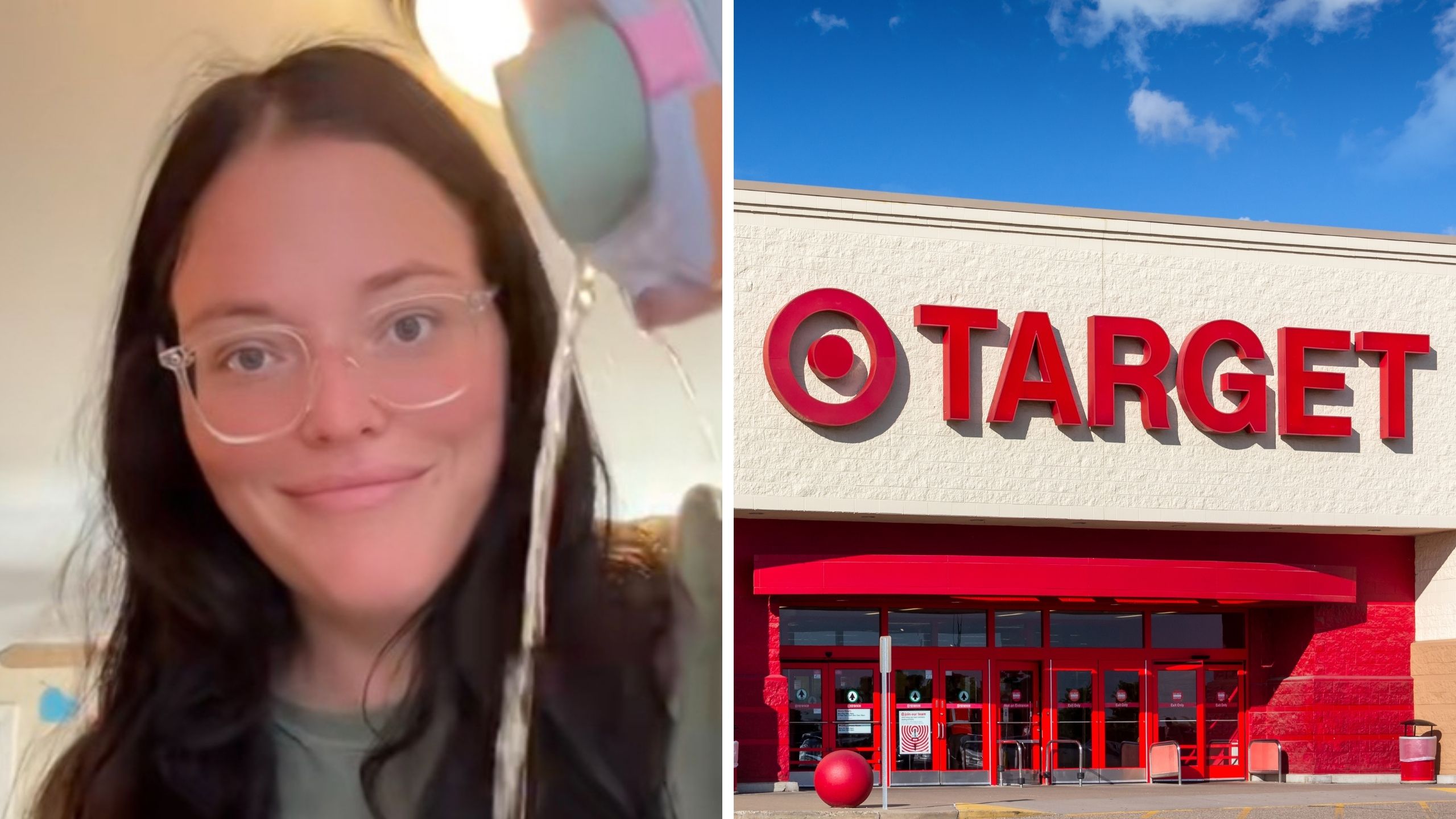 woman showing water leak (l) target logo (r)