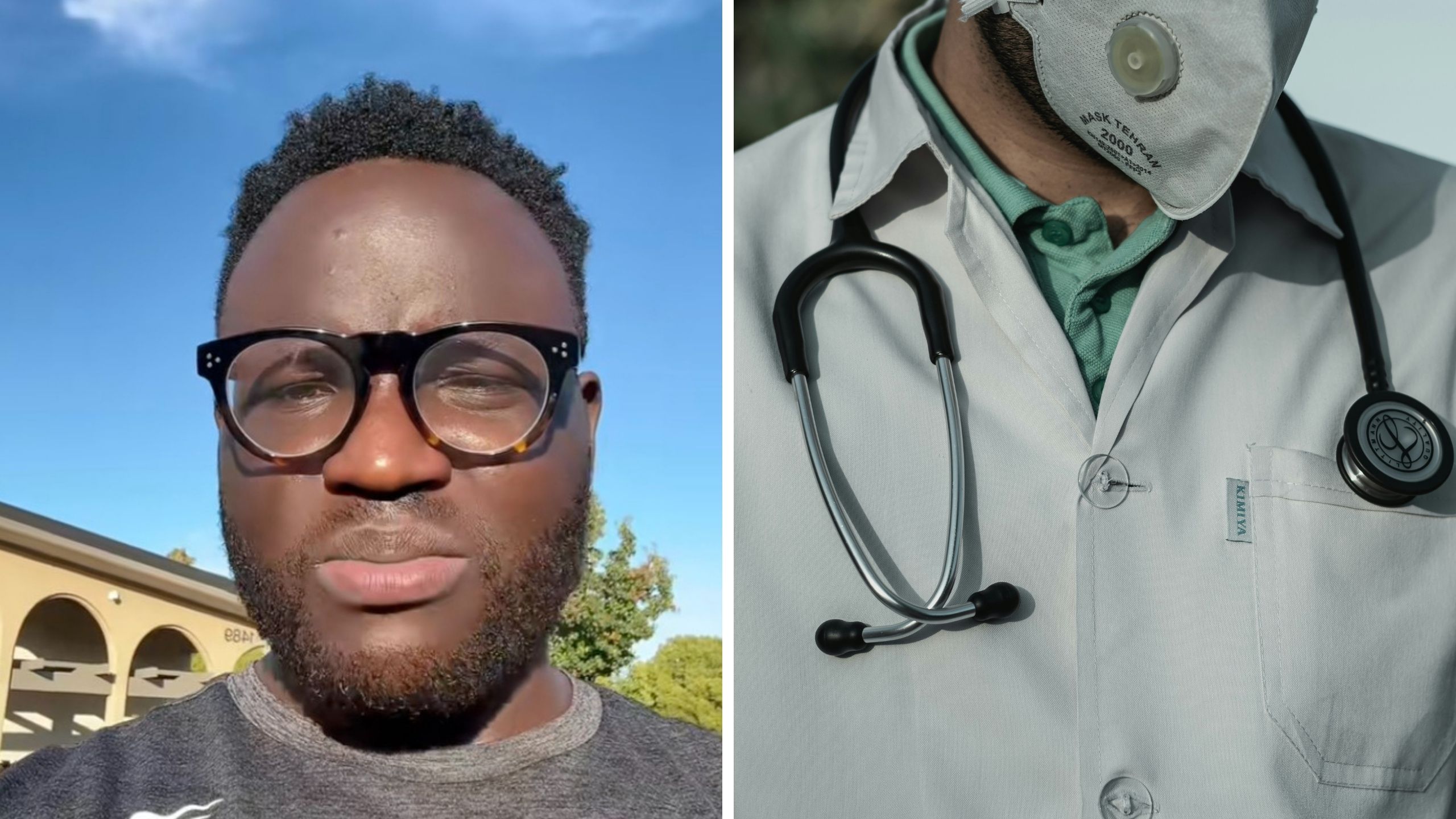 man sharing his flight experience (l) Person in Doctor uniform (r)