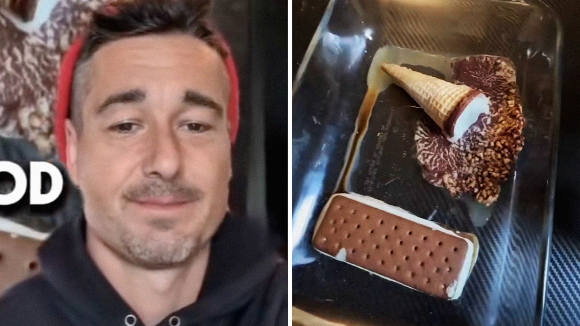 Man shares reason why not to eat ice cream sandwiches(l) Icecream and icecream sandwich in a glass container(r)
