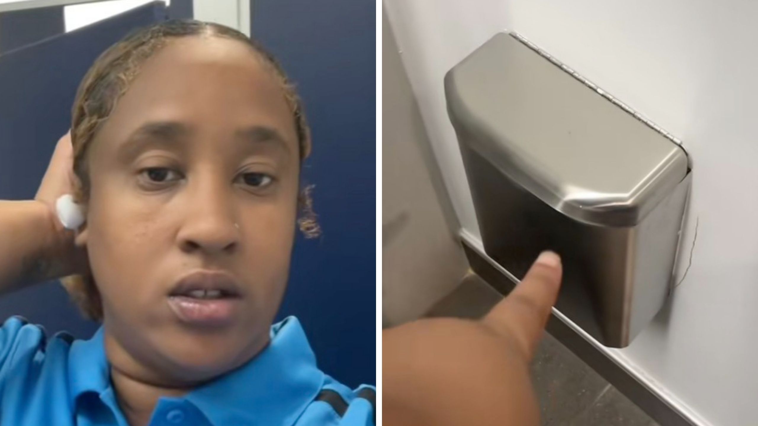 woman in blue polo shares how public bathroom metal boxes are being used wrong (l) bathroom metal box (r)