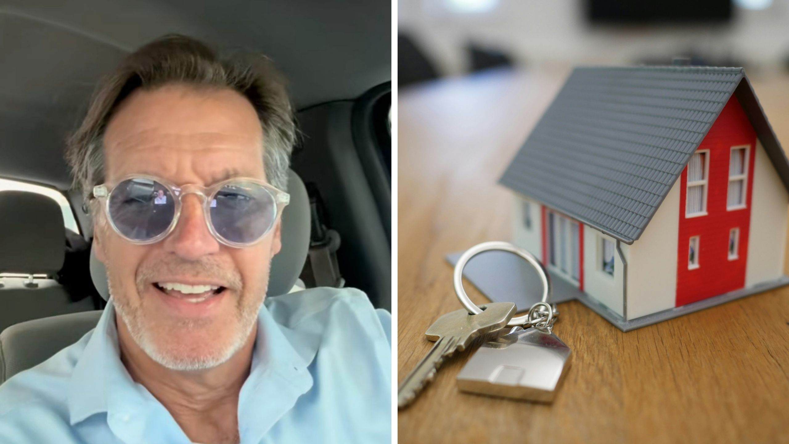 man in blue polo shares why he refuse to show property (l) house and keys (r)