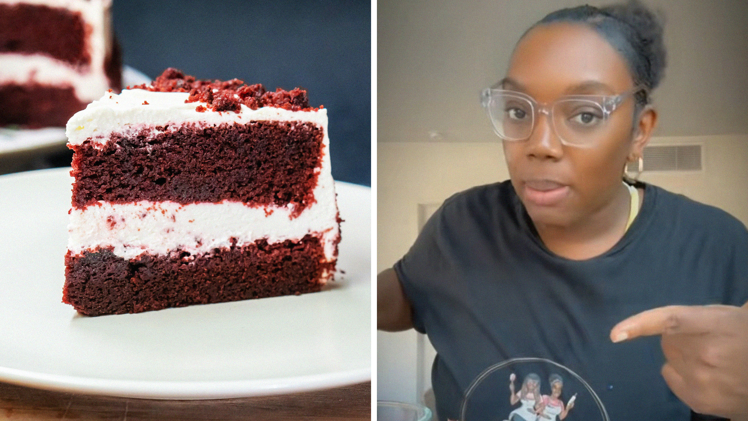 close up of sliced red velvet cake(l) Baker shares experience gifting cake to customer(r)