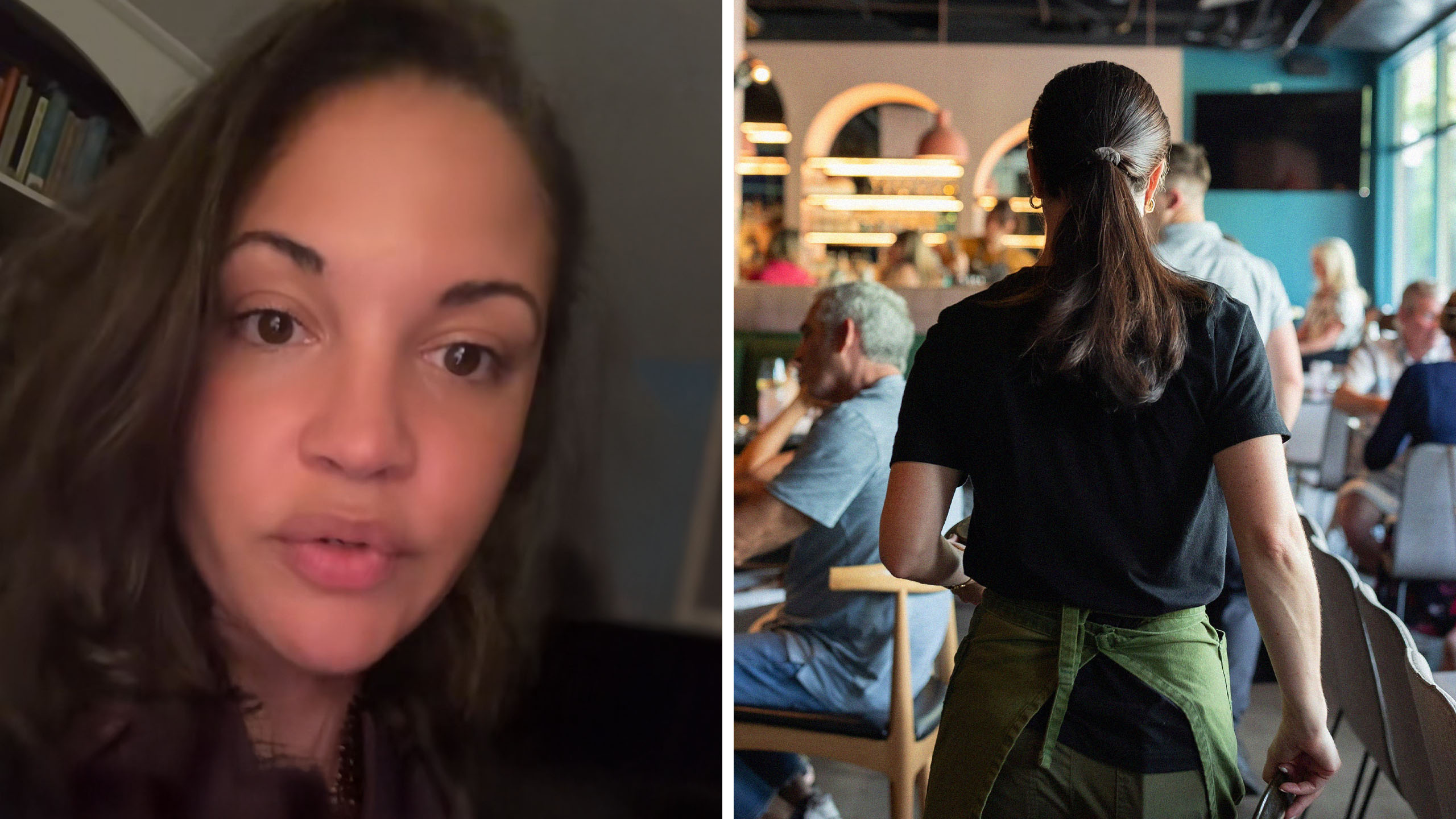 Woman explains pet peeve customers do to servers at restaurants(l) Server walking towards customers at restaurant(r)