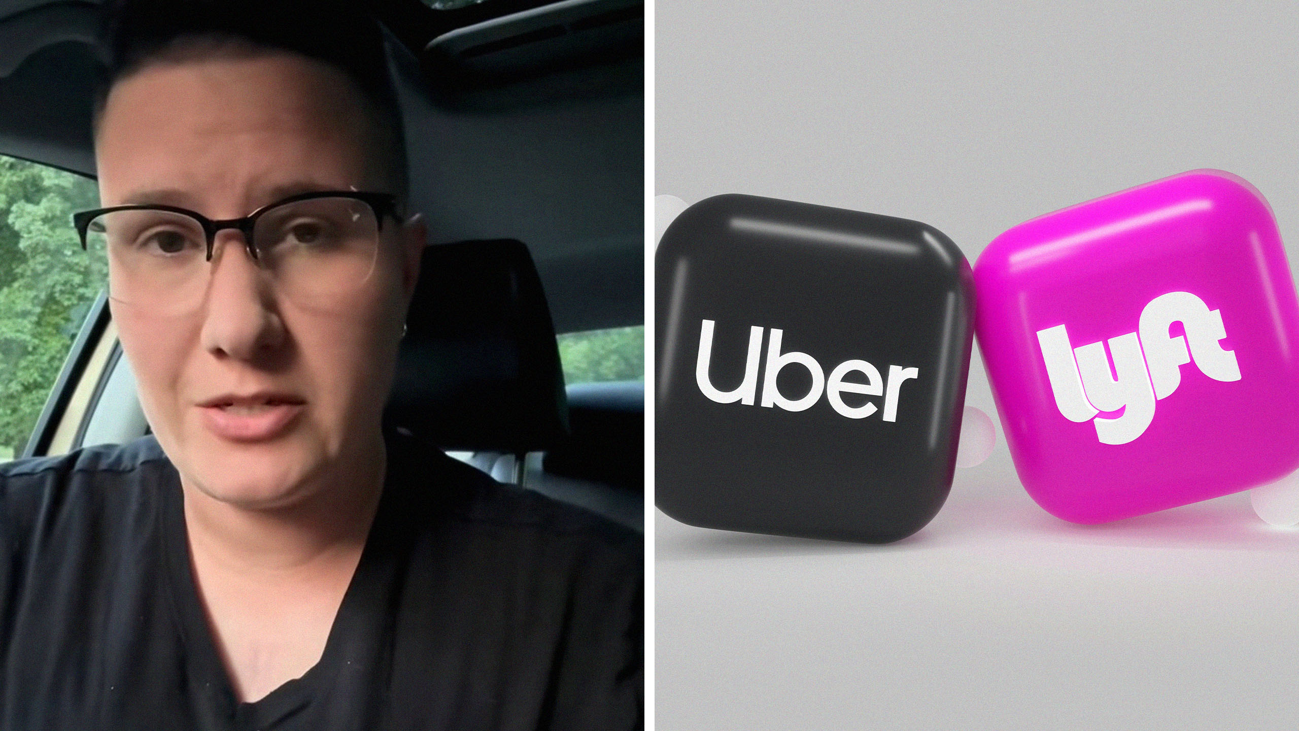 Woman shares information and how to avoid getting robbed as a rideshare driver(r) 3D icons of Uber and Lyft(r)