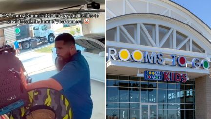 man in blue shirt stealing inside someone's garage (l) rooms to go logo (r)