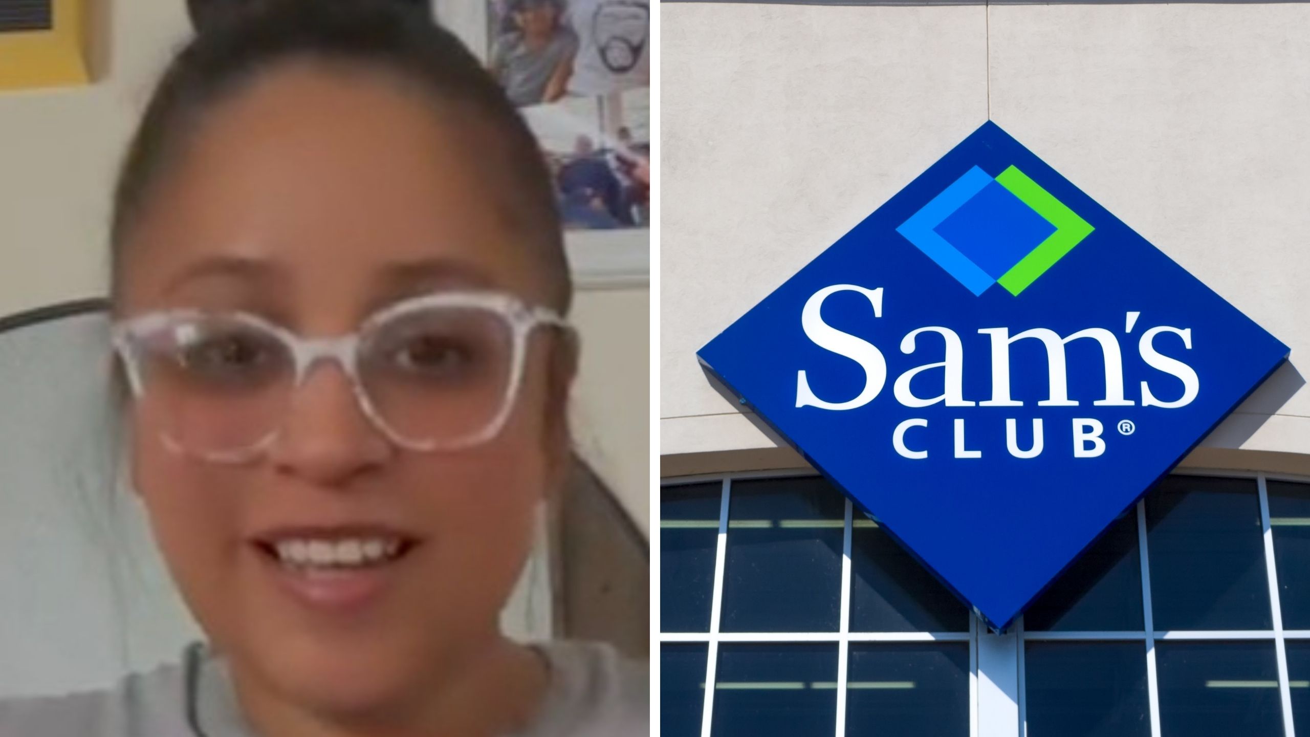 Woman wearing glasses (l) Sams club logo (r)