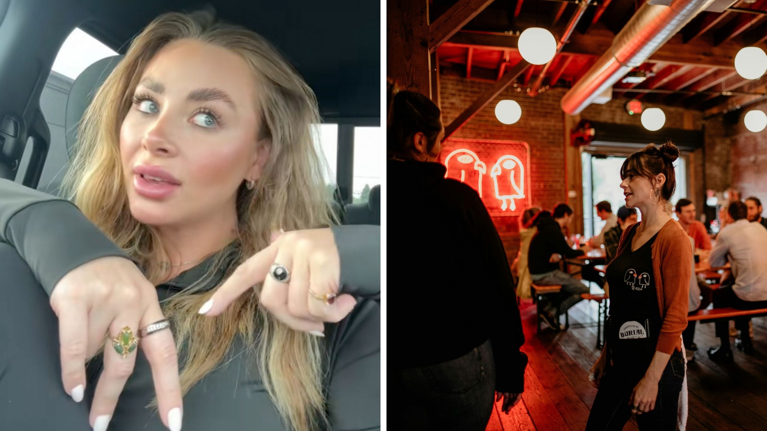 woman shares her experience with a customer (l) server and man speaking (r)