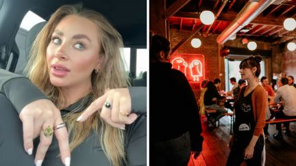 woman shares her experience with a customer (l) server and man speaking (r)