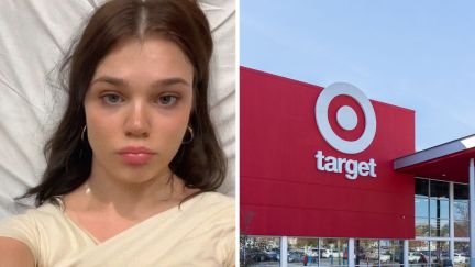 woman in hospital bed (l) Target logo (r)