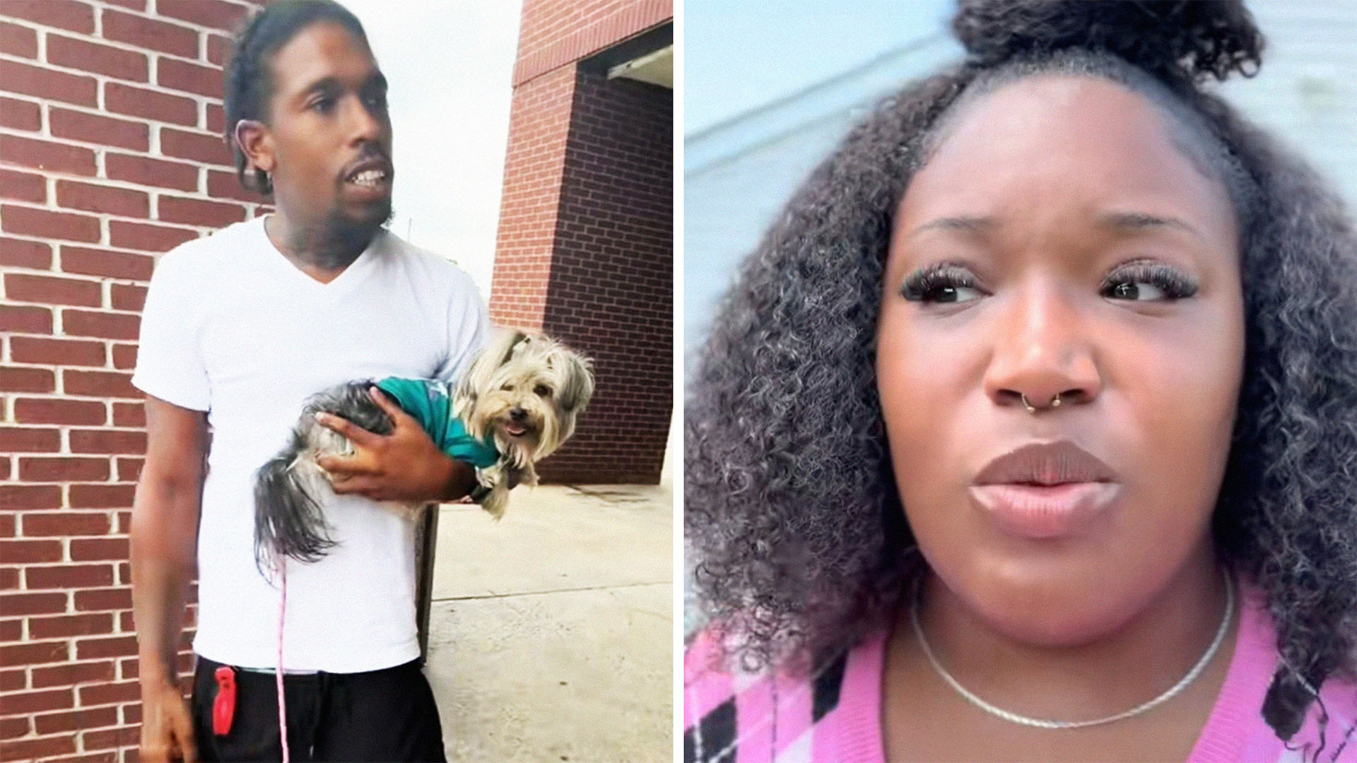 Man holding puppy infront of Kroger Store(l) Woman explains how she found her missing dog(r)
