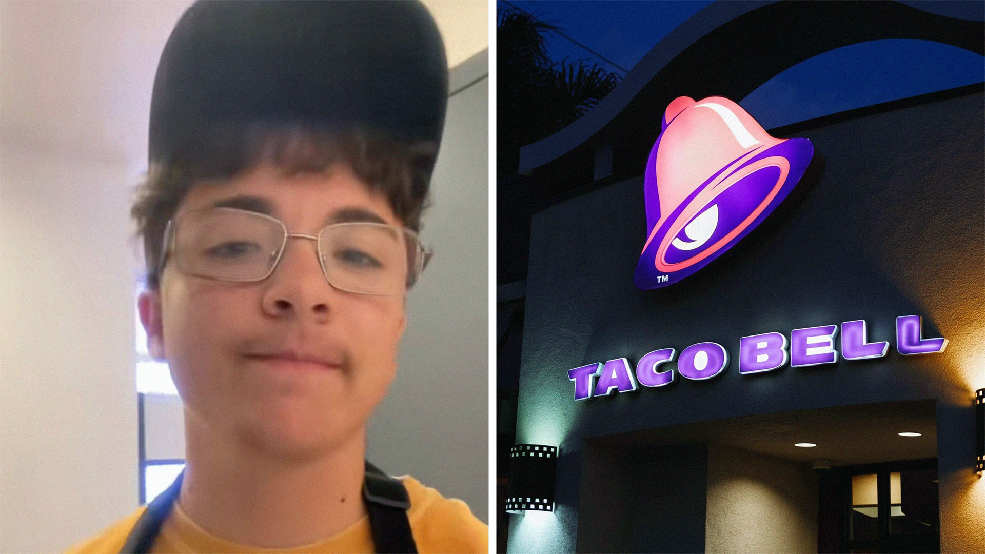 man wearing hat shares what upsets him (l) Taco bell logo (r)