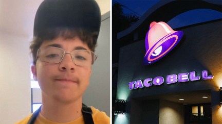 man wearing hat shares what upsets him (l) Taco bell logo (r)