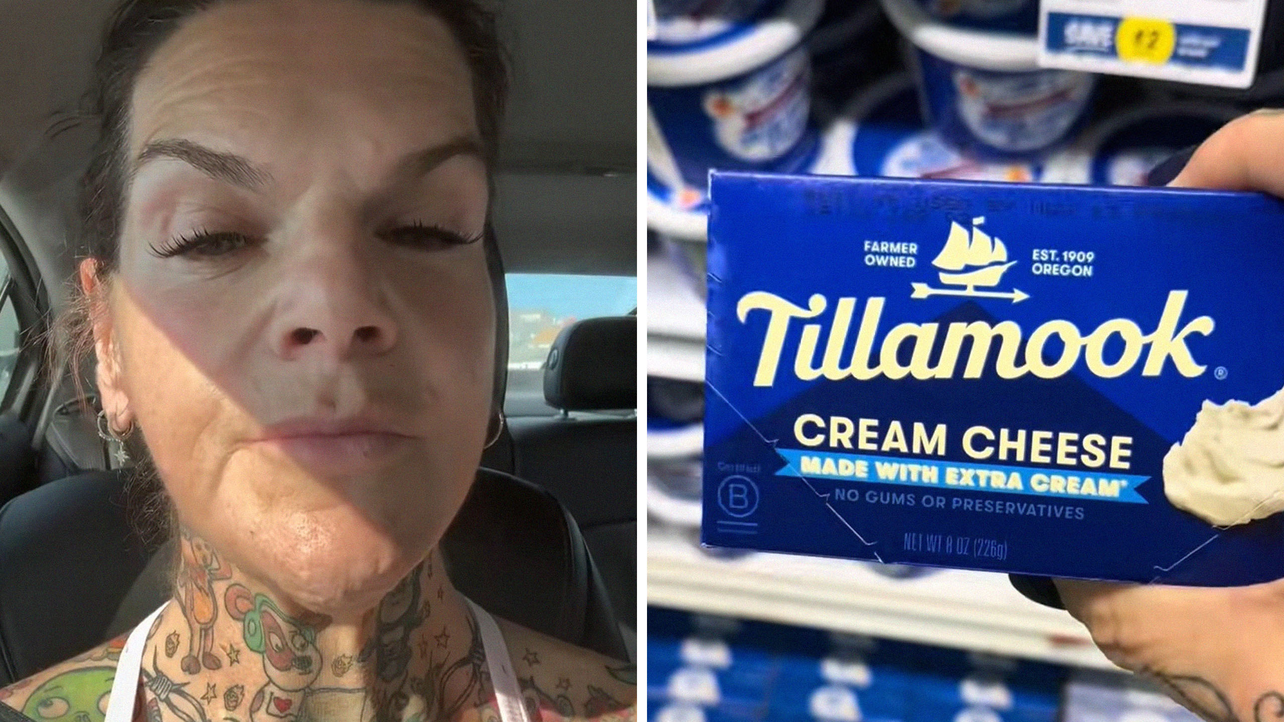 woman at store explains reason for spending more on Tillamook cream cheese(l) Person holding Tillamook cream cheese(r)