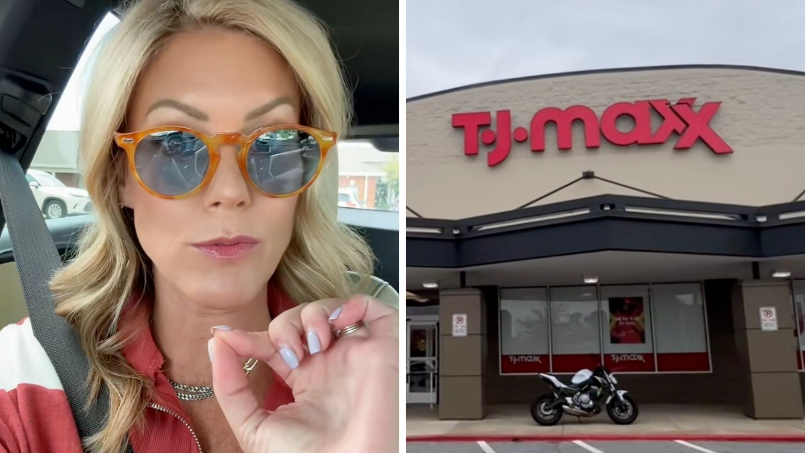 Woman in sunglasses shares TJ Maxx pricetag information (l) TJ Maxx logo (r)