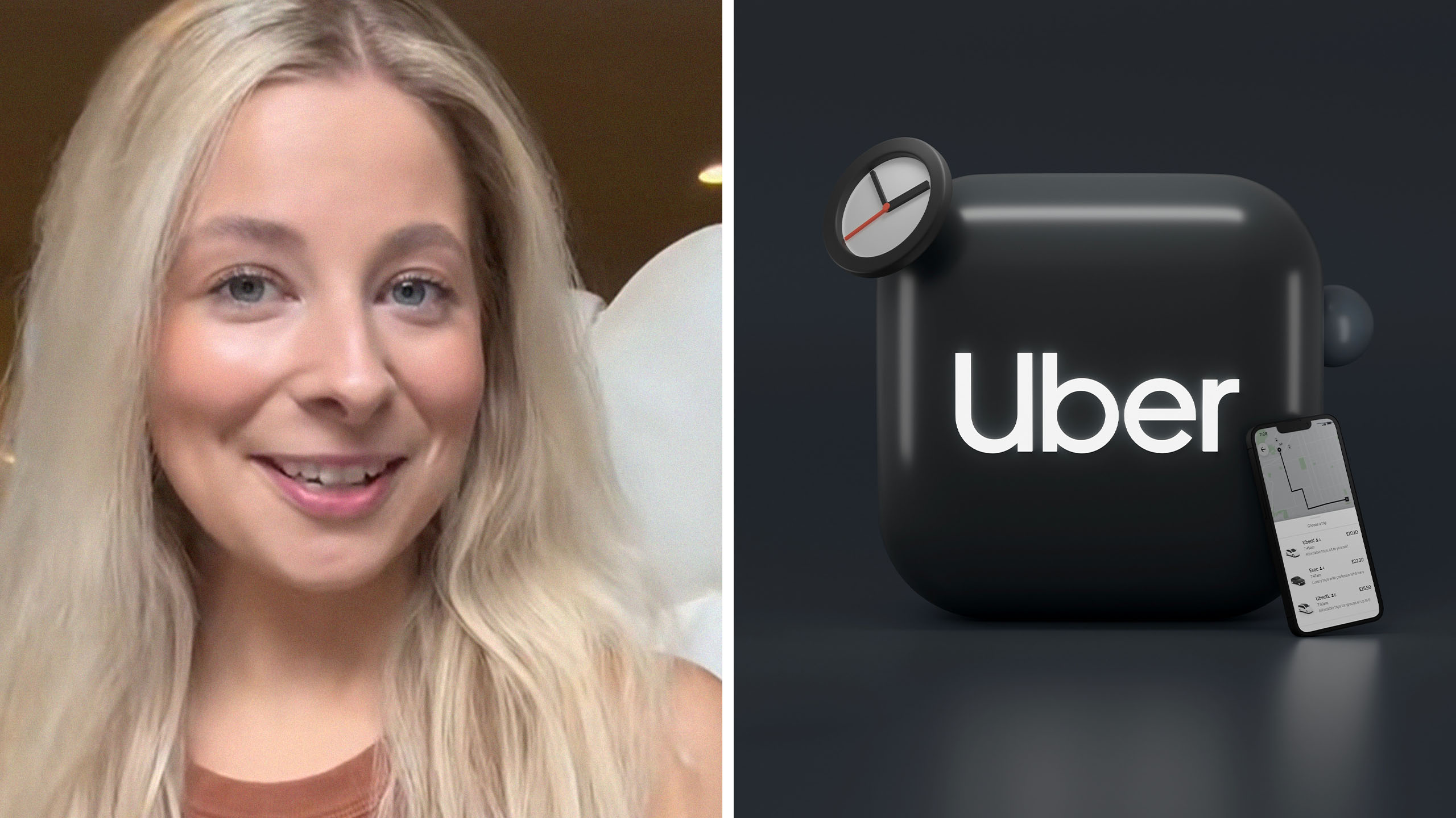 woman shares how her date did something on an uber(l) 3D uber icon(r)