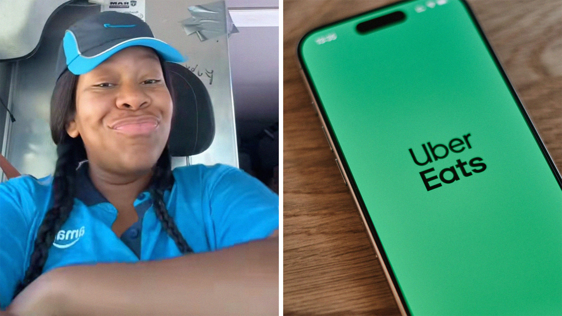 Uber Eats driver explains what she was told to do with customers order(l) Uber Eats App displayed on phone(r)