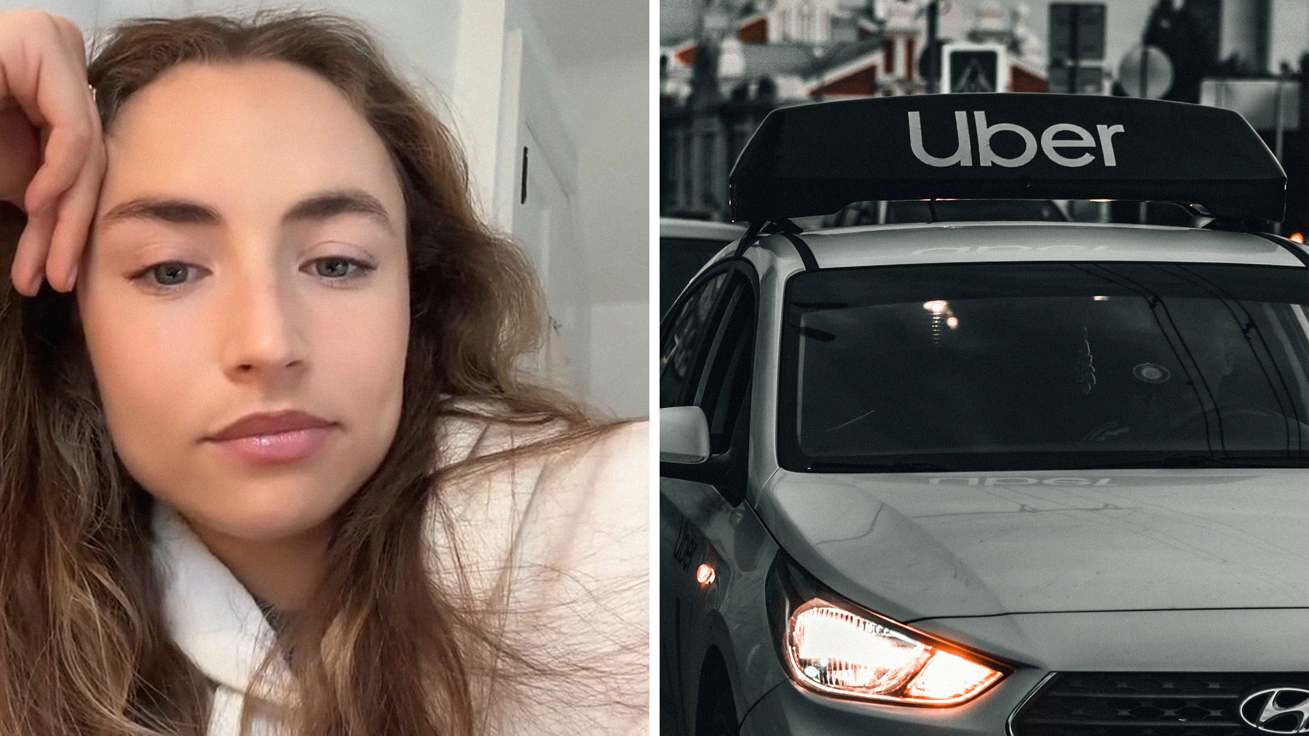 Woman holding her head talking about Uber experience (l) Car with Uber sign on top (r)