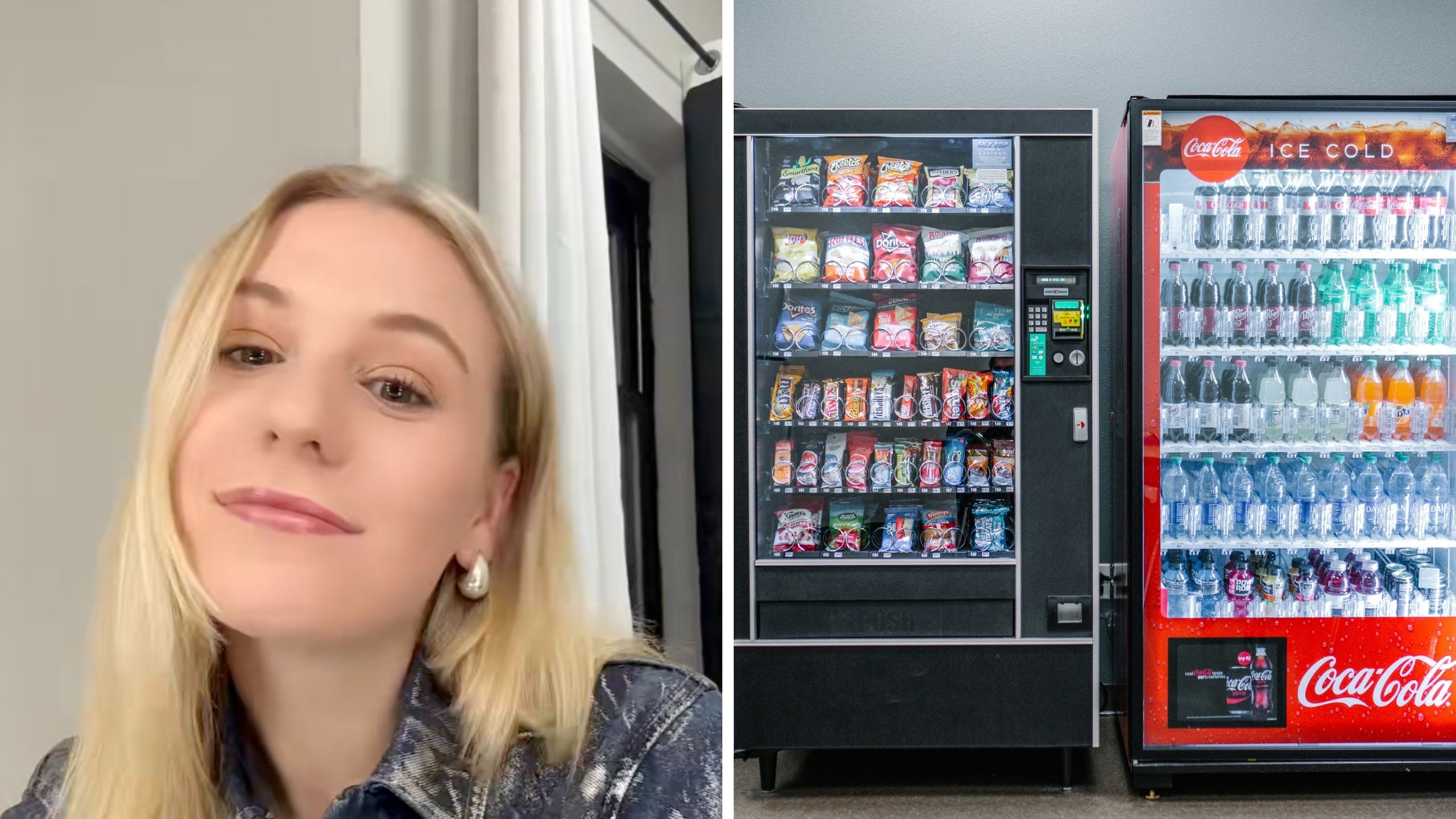 woman wearing denim jacket (l) vending machines (r)