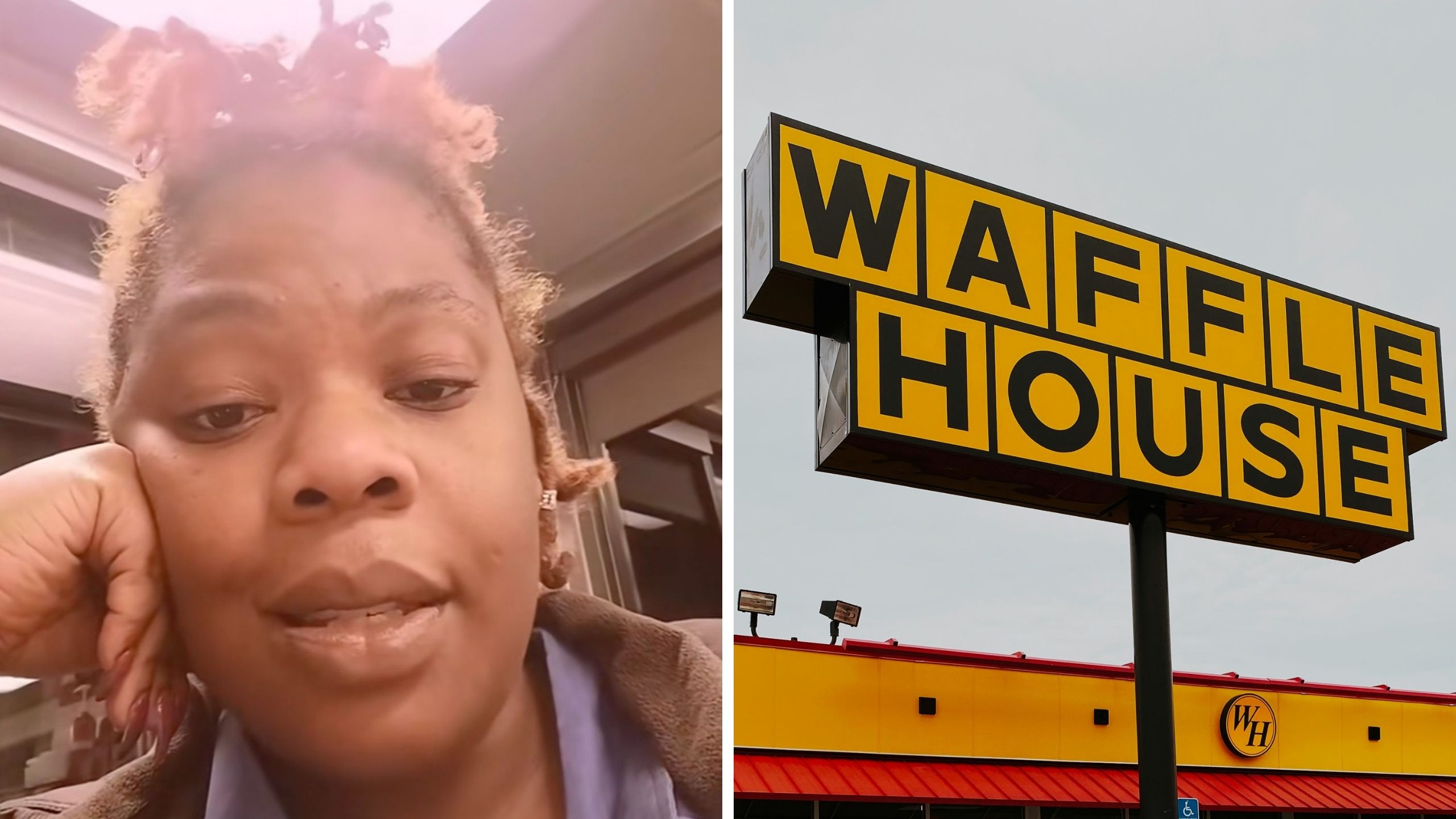 woman shares what happened at waffle house (l) waffle house logo (r)