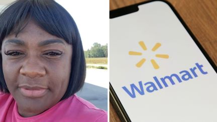 woman shares walmart experience (l) walmart logo (r)