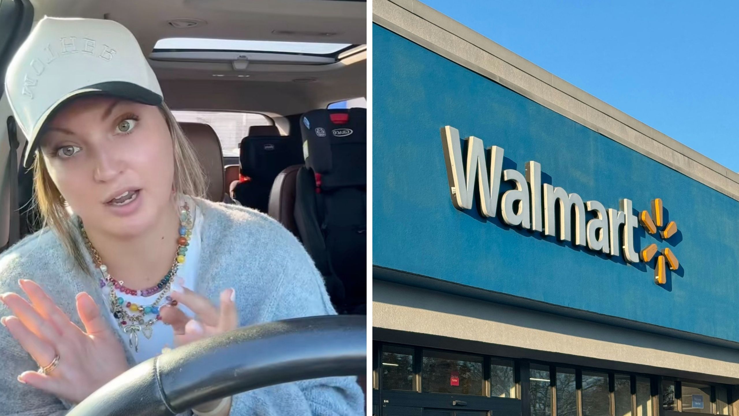 woman shares her experience buying a cake (l) walmart logo (r)