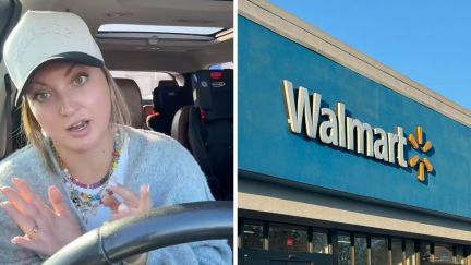 woman shares her experience buying a cake (l) walmart logo (r)