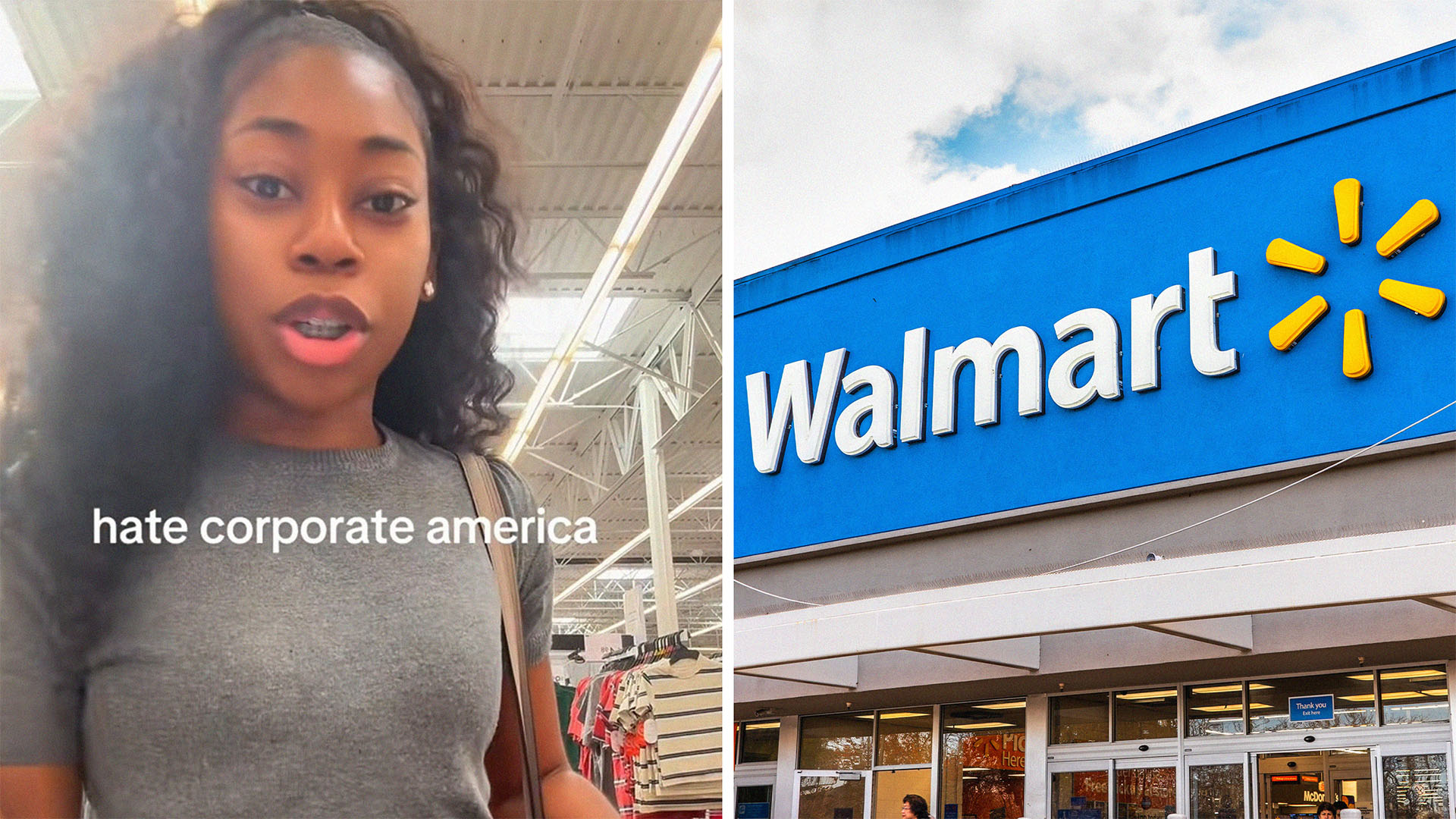Woman goes to Walmart to get new clothes for work(l) Walmart Store Front(r)