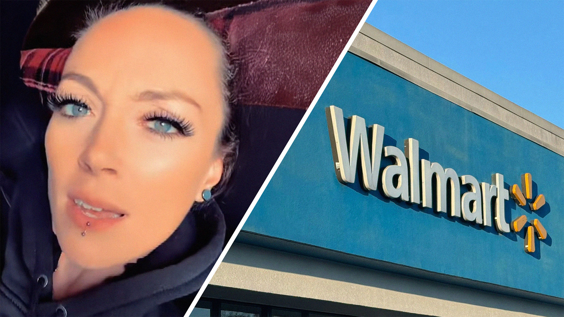 Woman show Walmart overcharging her in self checkout(l) Walmart Store Front(r)