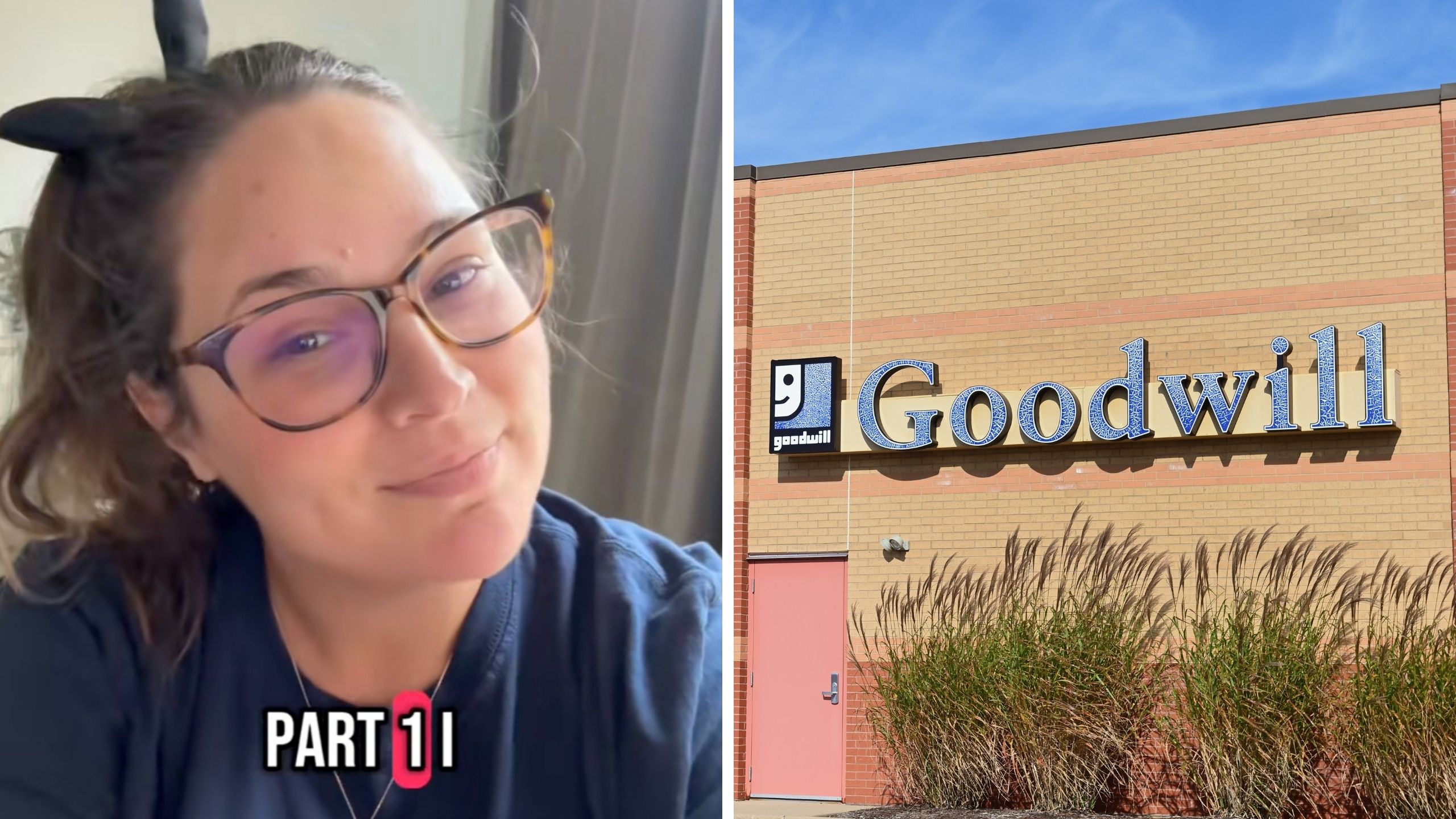 woman shares her encounter at goodwill (l) goodwill logo (r)