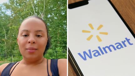 woman who talks about walmart makeup aisle (l) walmart logo (r)