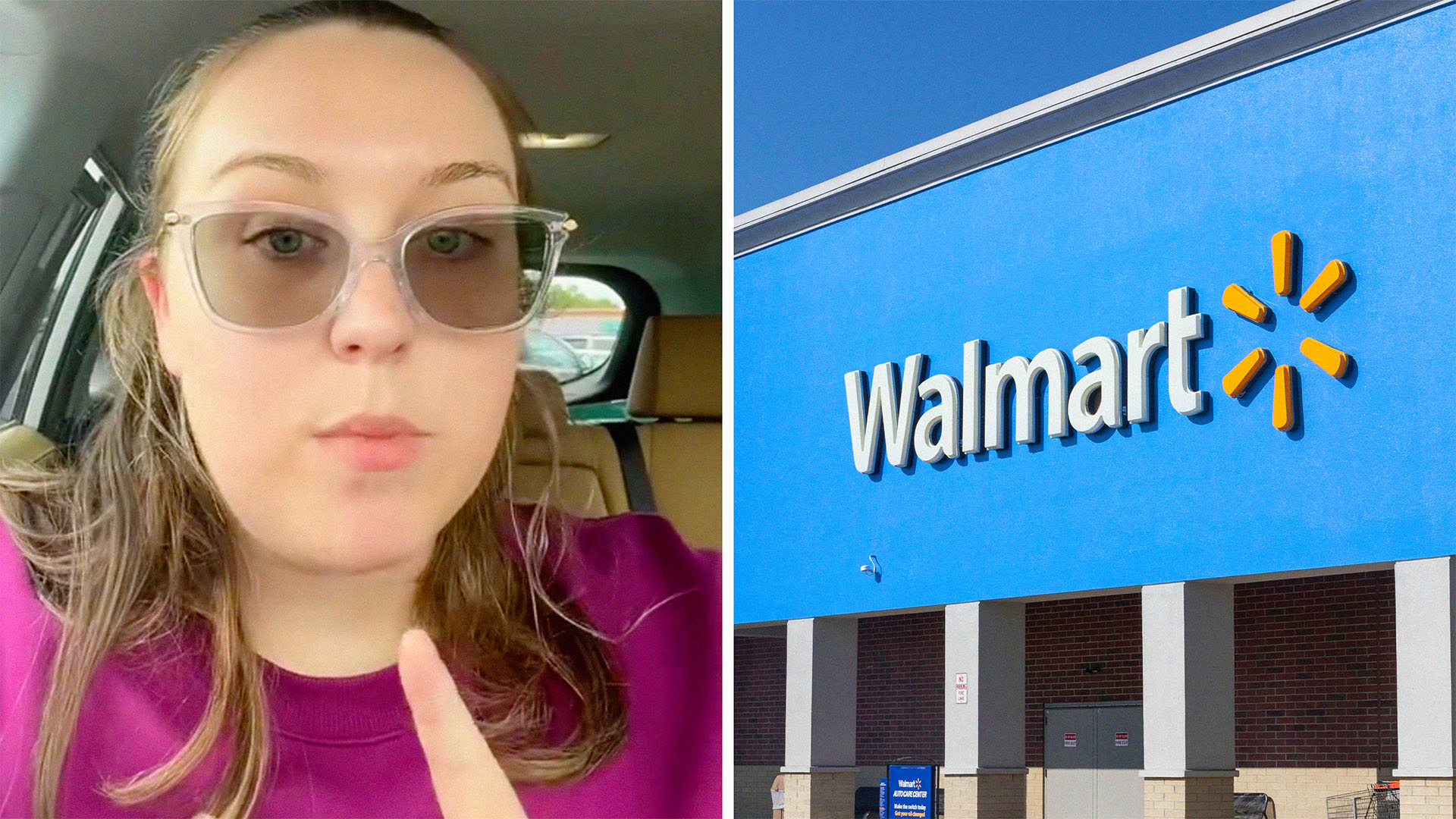 woman wearing bright purple blouse inside of car explains Walmart scam(l) Walmart Store Front(r)