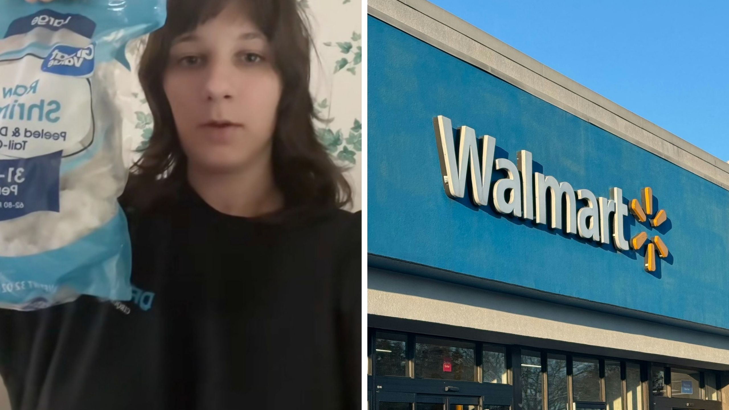 woman holding shrimp bag (l) walmart logo (r)