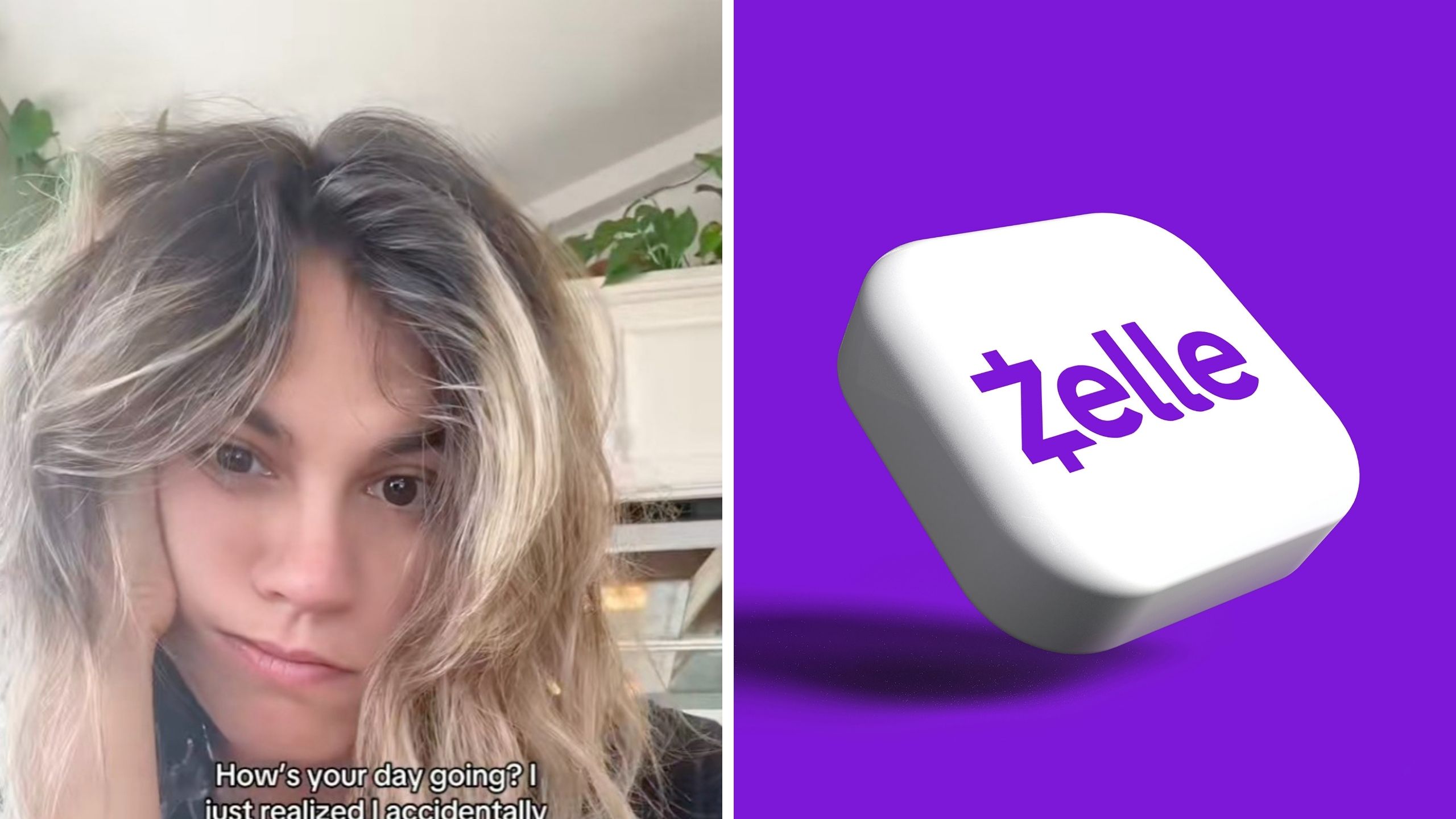 woman shares what happens when she uses zelle (l) Zelle logo (r)