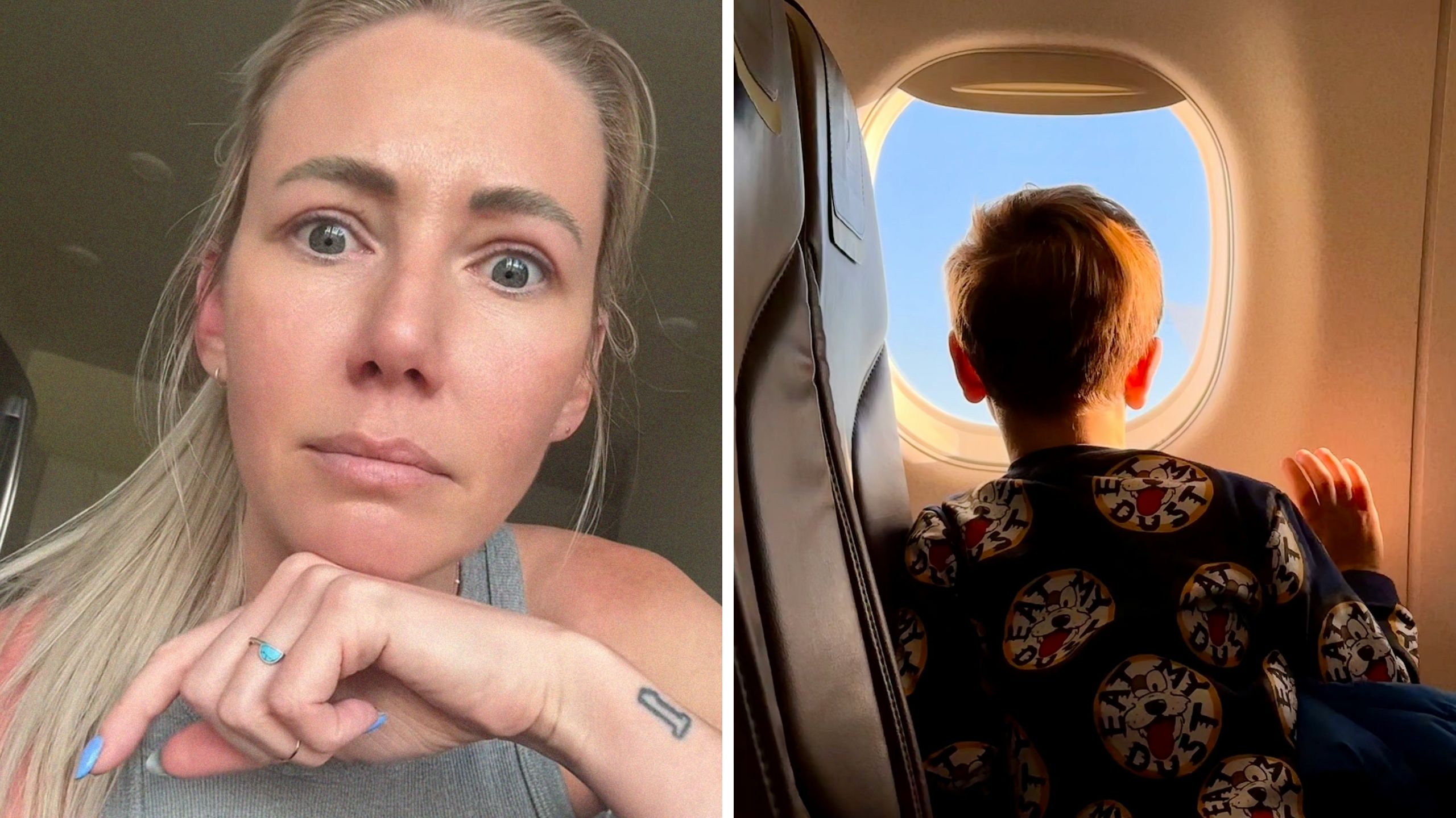 woman shares flight experience (l) boy on window seat (r)