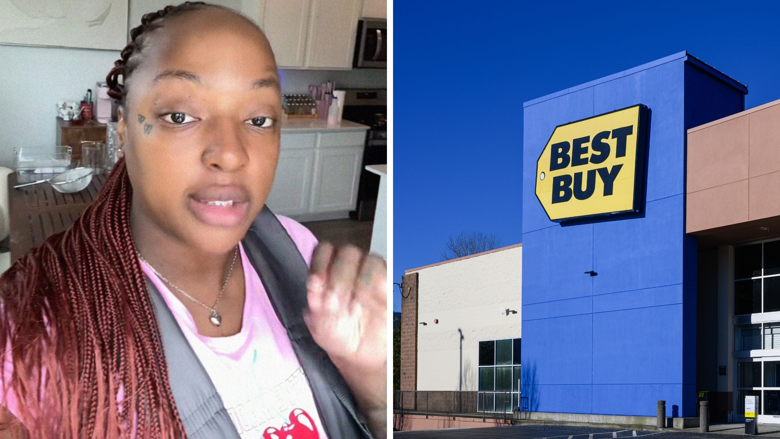 woman shares best buy experience (l) best buy logo (r)