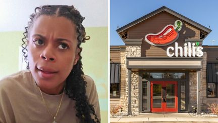 woman shares chili's experience (l) Chili's logo (r)